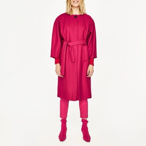 Zara puff sleeve wool blend belted coat fuchsia pink - Picture 6 of 15